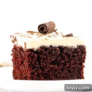Slice of chocolate cake with white chocolate frosting
