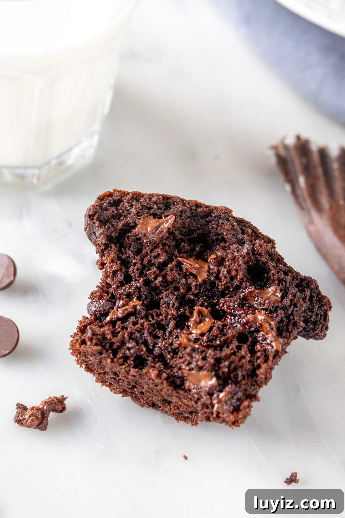 Decadent Double Chocolate Muffins: Moist, Rich Recipe 7 Half of a chocolate muffin