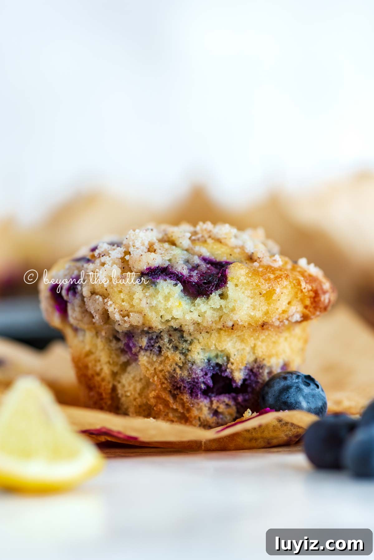 Bakery-Style Lemon Blueberry Streusel Muffins Recipe 6 Unwrapped lemon blueberry streusel muffin with lemon wedges and blueberries around it | All images © Beyond the Butter®