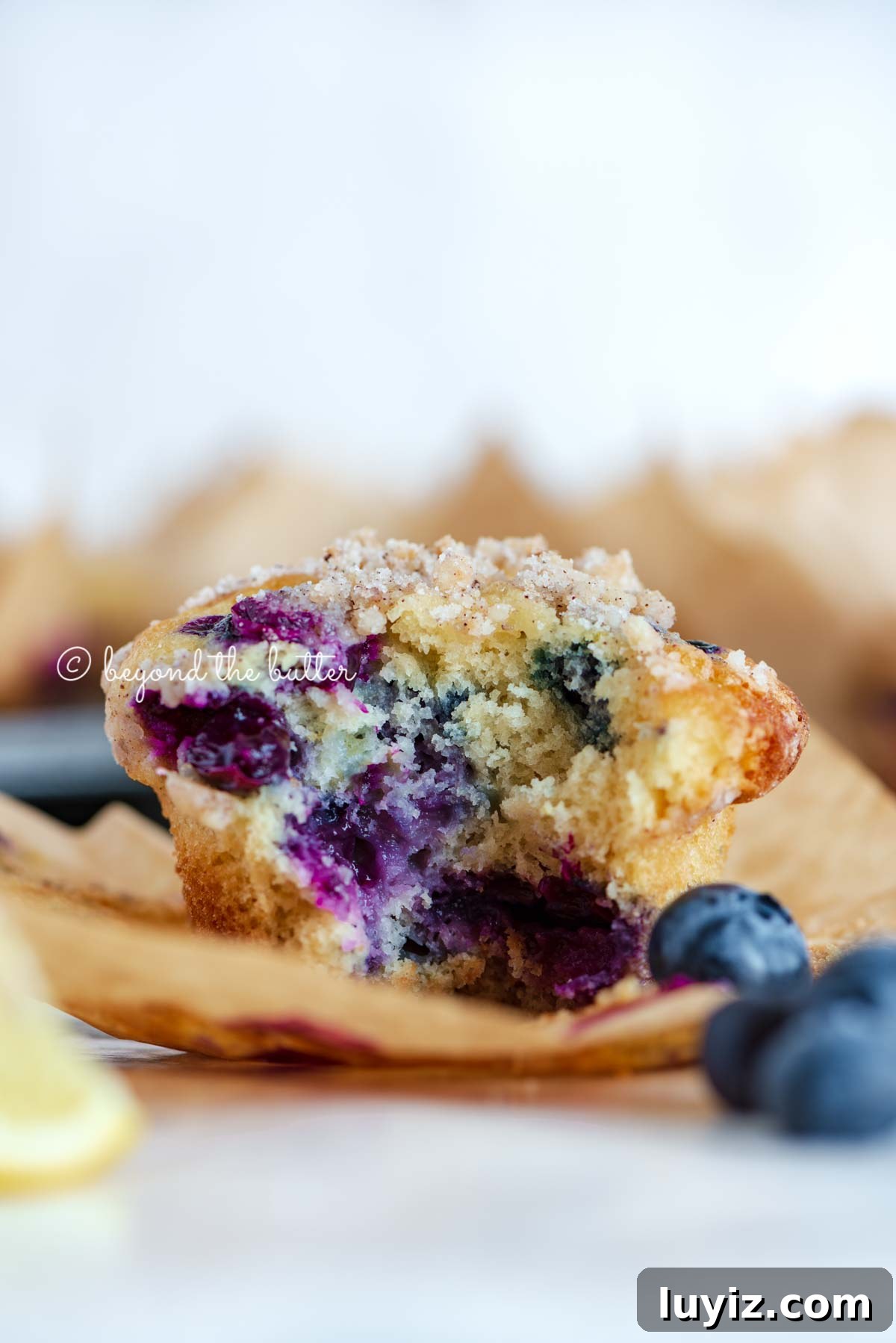 Bakery-Style Lemon Blueberry Streusel Muffins Recipe 9 Unwrapped and half eaten lemon blueberry streusel muffin with lemon wedges and blueberries around it | All images © Beyond the Butter®