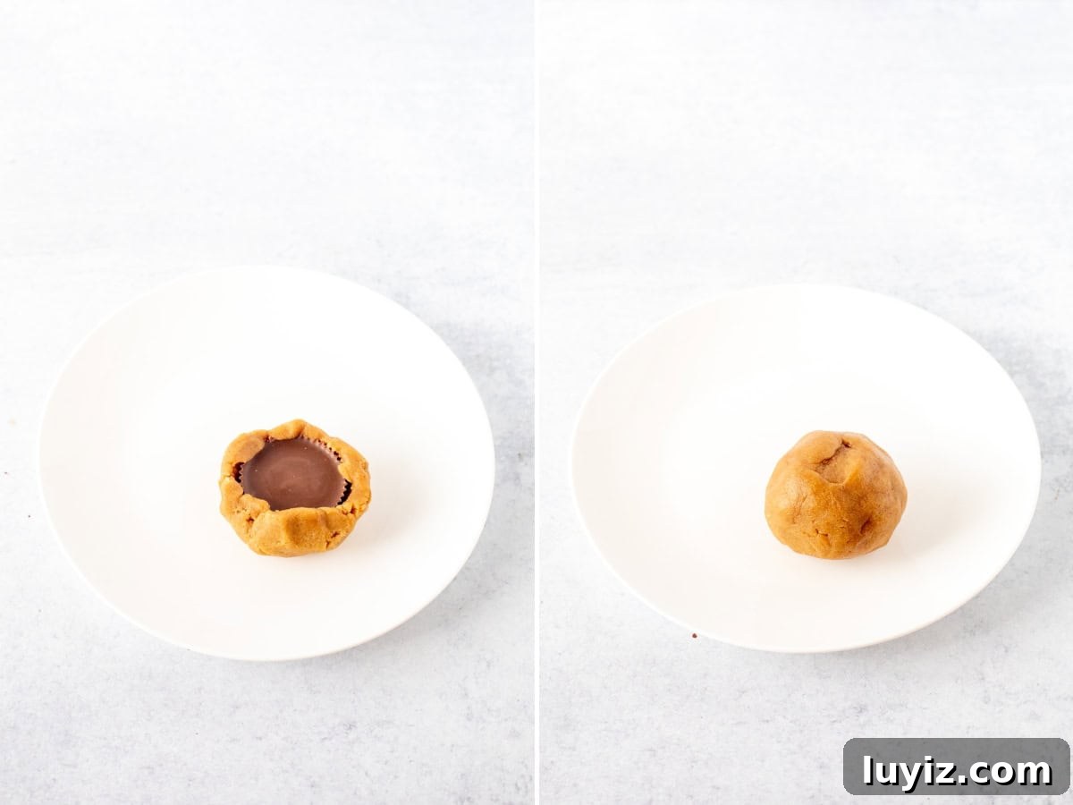 Peanut Butter Cookies Stuffed with Reese’s Cups 4 Collage showing 2 step photos of how to assemble Reese's stuffed cookies