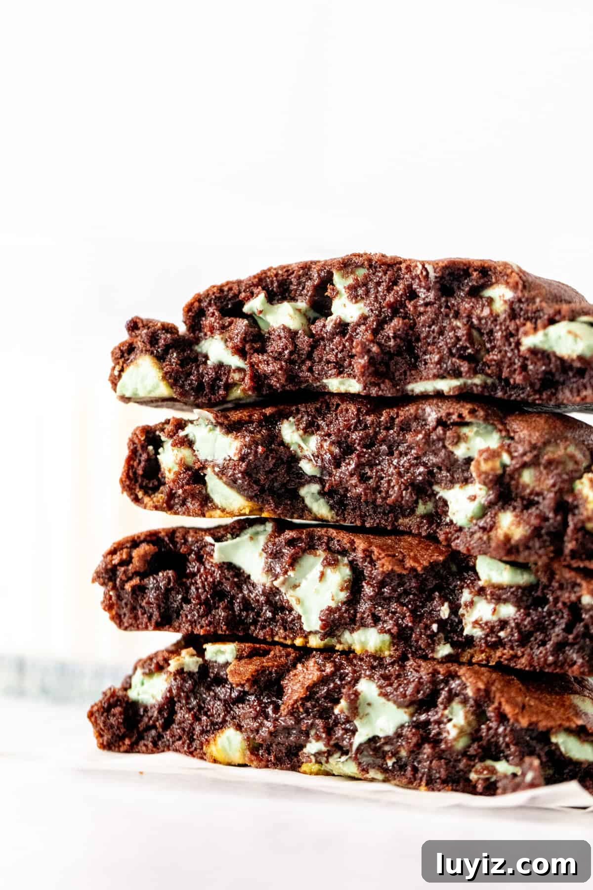Mint Chip Chocolate Cookie Recipe for Rich, Minty Chocolate Flavor 2 Stack of mint chip chocolate cookies, broken in half