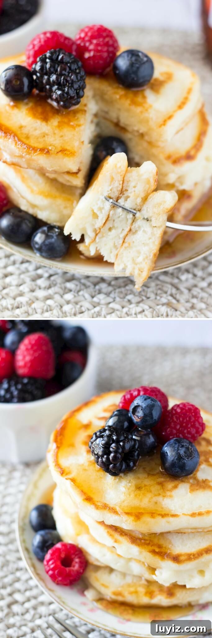 Fluffy Buttermilk Pancakes Recipe for Perfect Every-Morning Stack 3 The softest, most fluffy Buttermilk Pancakes imaginable. Perfectly golden edges & designed for soaking up lots of maple syrup - these are the BEST pancakes you'll ever eat!