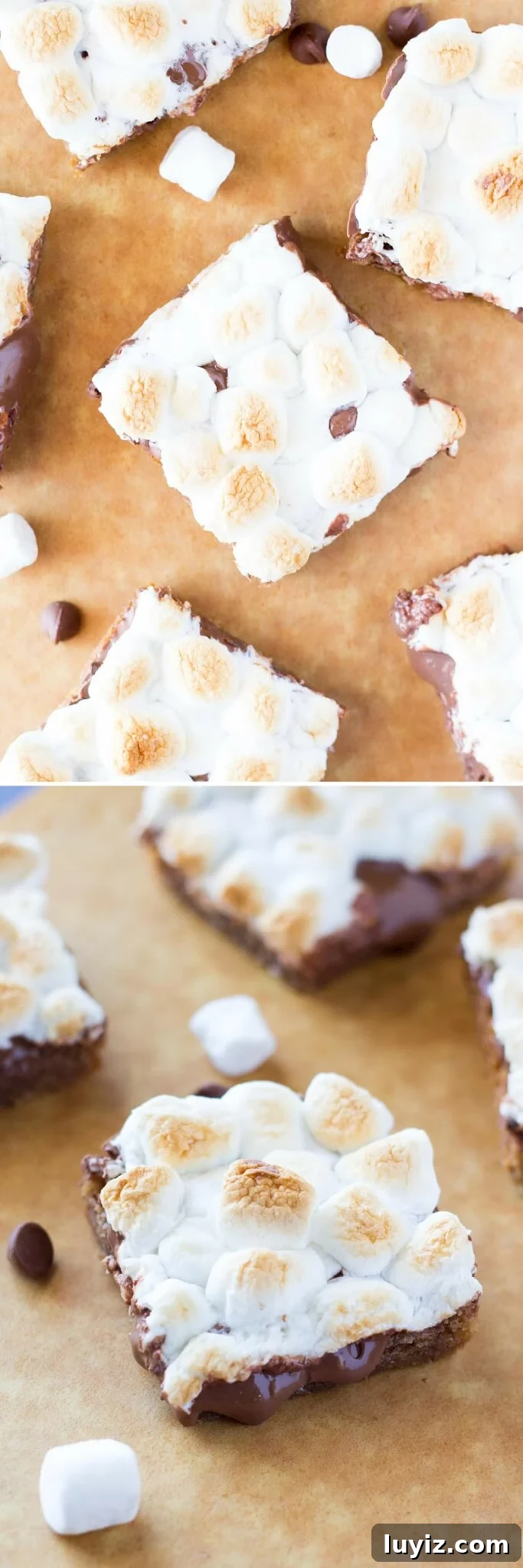 Quick S'mores Bar Recipe for Homemade Campfire Treats 3 Chewy, gooey, Super Easy S'mores Bars - a blondie-like base, melted milk chocolate & toasted marshmallows come together in these amazing treats! Ready in no time and no mixer required!