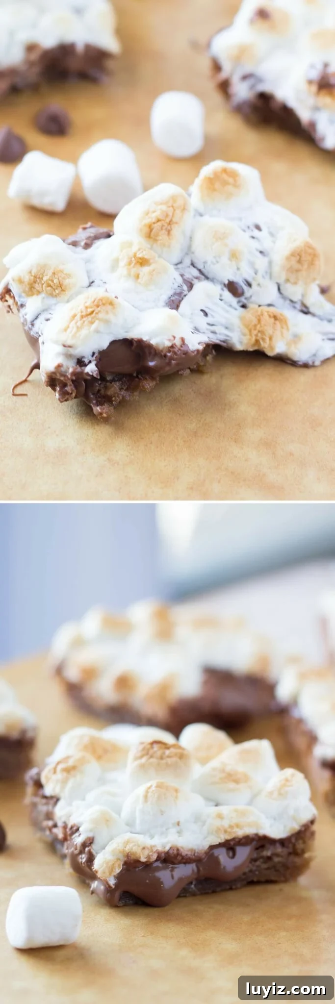 Quick S'mores Bar Recipe for Homemade Campfire Treats 4 Chewy, gooey, Super Easy S'mores Bars - a blondie-like base, melted milk chocolate & toasted marshmallows come together in these amazing treats! Ready in no time and no mixer required!