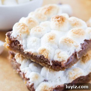 Quick S'mores Bar Recipe for Homemade Campfire Treats 5 Chewy, gooey, Super Easy S'mores Bars - a blondie-like base, melted milk chocolate & toasted marshmallows come together in these amazing treats! Ready in no time and no mixer required!
