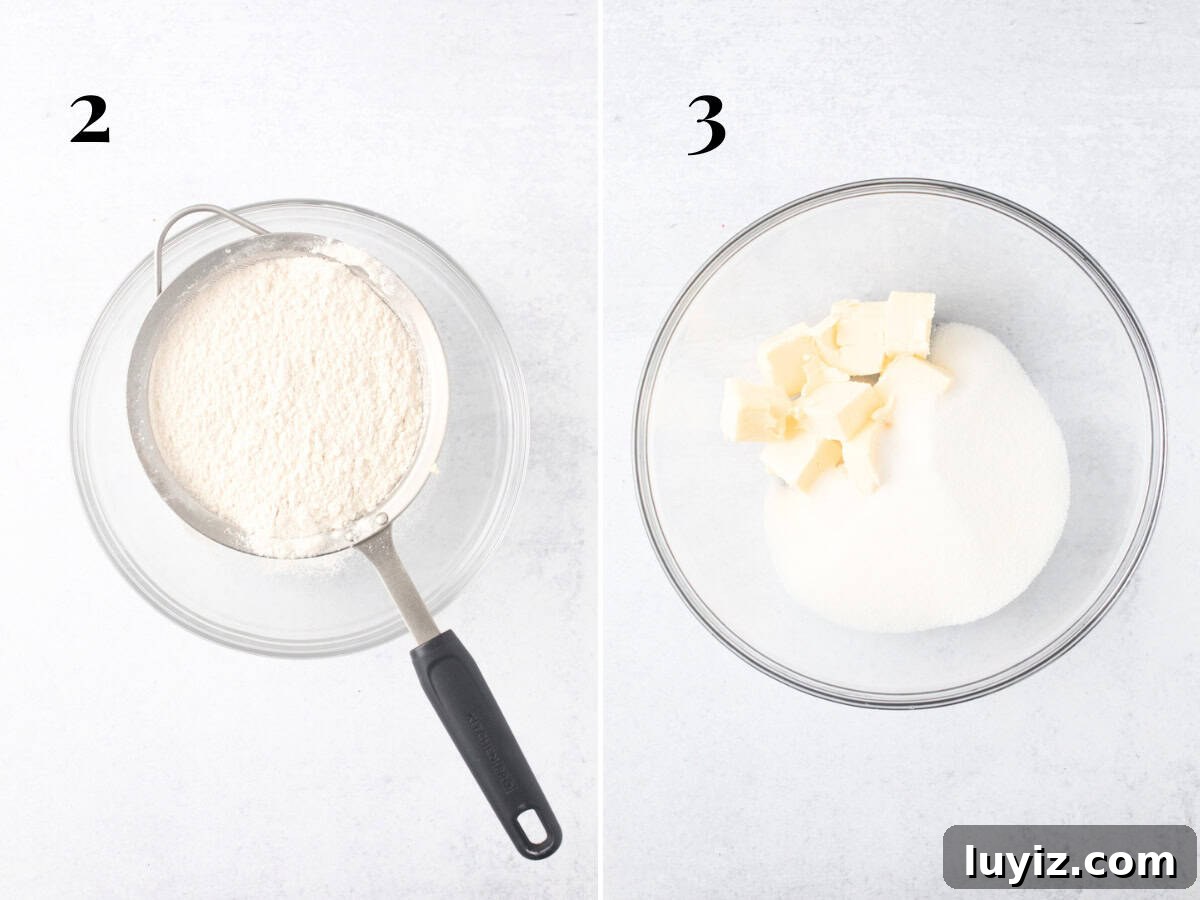 Classic Moist Vanilla Sheet Cake Recipe for Parties and Potlucks 5 Sifting dry ingredients into a bowl and bowl of butter and sugar.