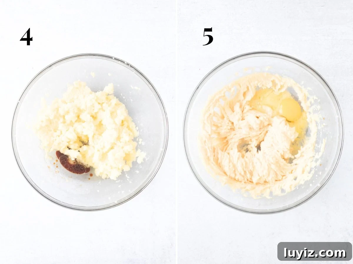 Classic Moist Vanilla Sheet Cake Recipe for Parties and Potlucks 6 Bowl with creamed butter and sugar with oil and vanilla added to the bowl, and creamed butter, sugar, and oil with 1 egg added to the bowl.