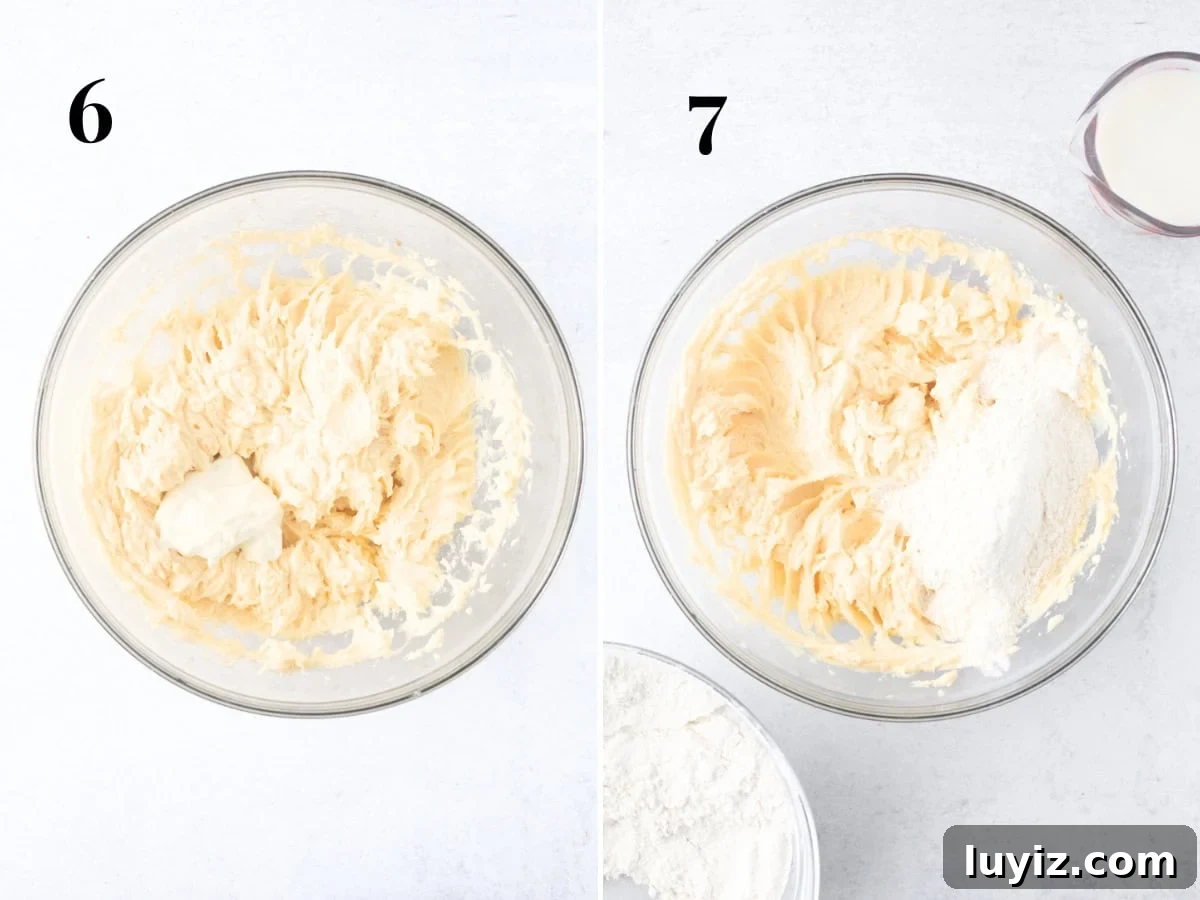 Classic Moist Vanilla Sheet Cake Recipe for Parties and Potlucks 7 Bowl of cake batter with sour cream added to bowl, and bowl of cake batter, with flour and milk being added to bowl