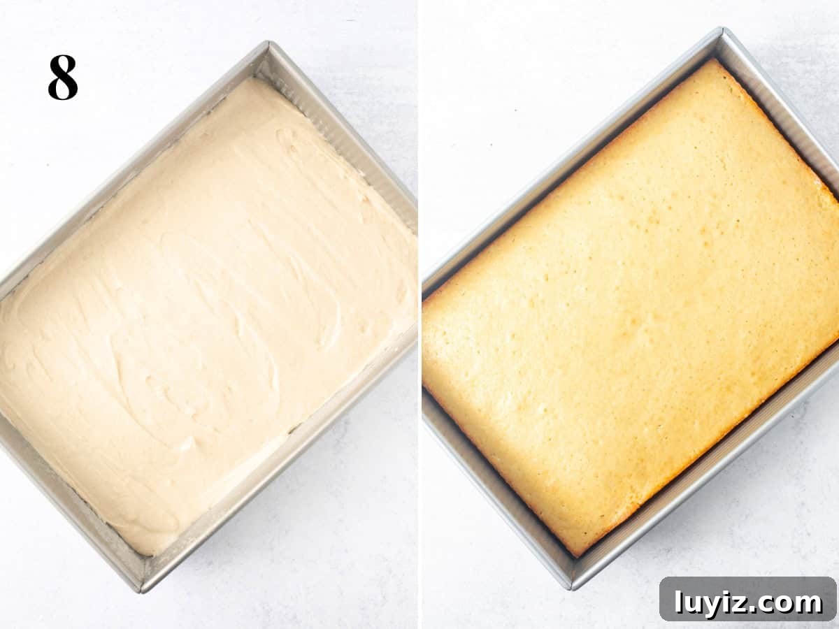 Classic Moist Vanilla Sheet Cake Recipe for Parties and Potlucks 8 pan of unbaked vanilla sheet cake and baked vanilla sheet cake