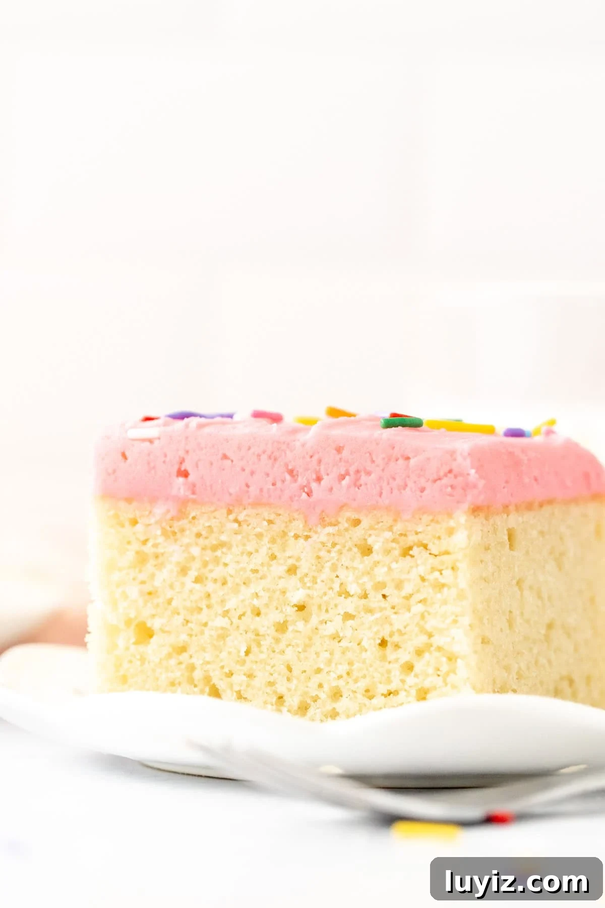 Classic Moist Vanilla Sheet Cake Recipe for Parties and Potlucks 9 Slice of vanilla sheet cake with pink vanilla frosting