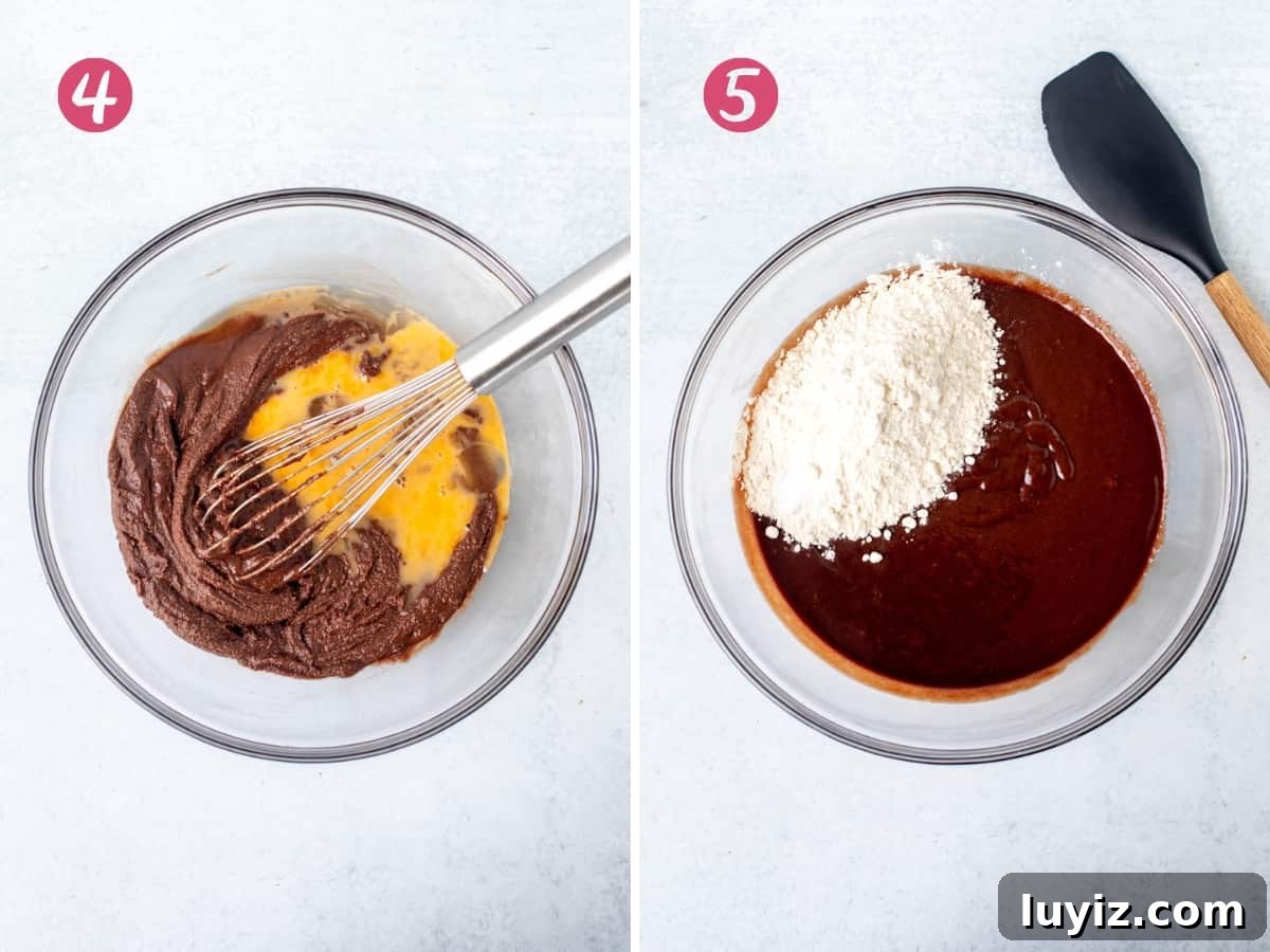 Decadent Nutella Brownies Recipe with Gooey Chocolate Swirls 4 Bowl of whisked eggs added into Nutella brownie batter with wire whisk and bowl of Nutella brownie batter with flour added into the bowl