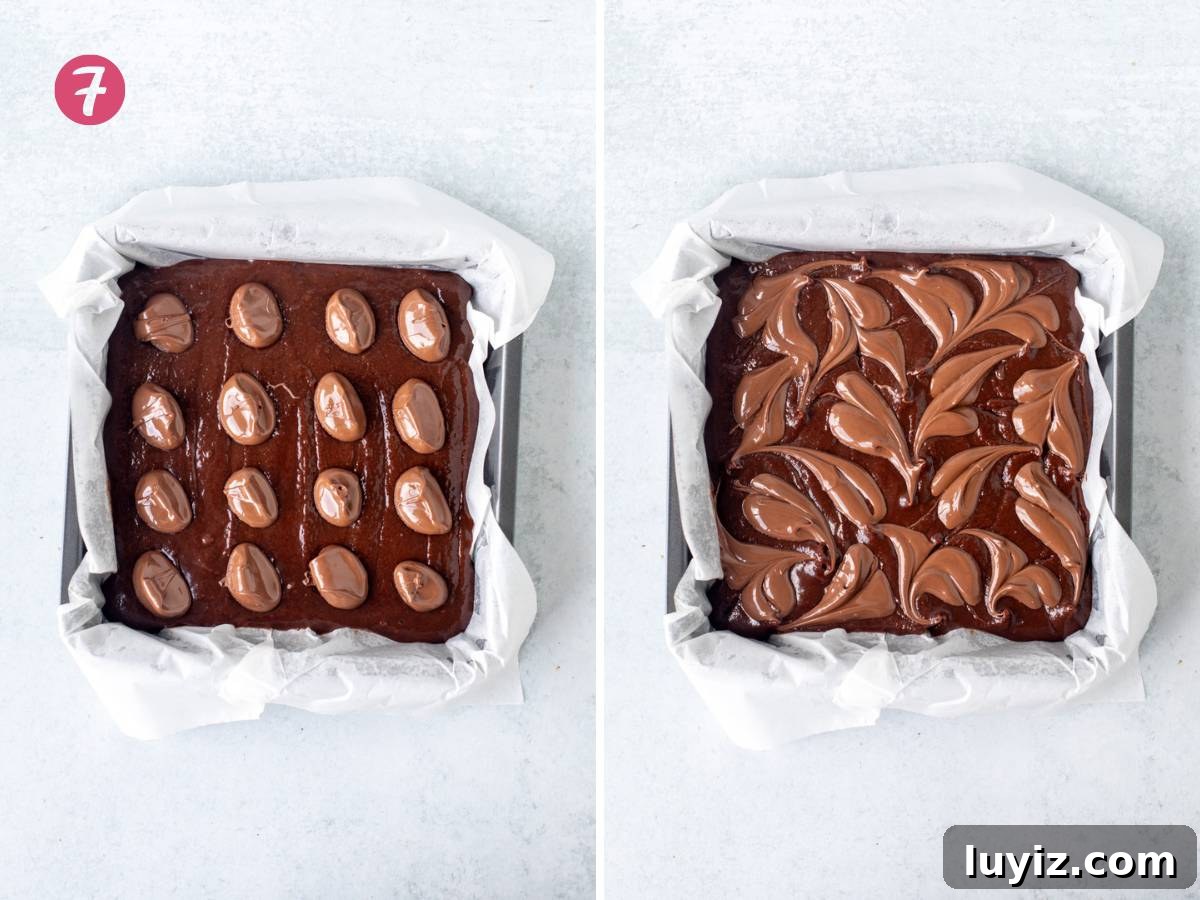 Decadent Nutella Brownies Recipe with Gooey Chocolate Swirls 5 Pan of unbaked Nutella brownies with spoonfuls of Nutella dropped on top, and unbaked Nutella brownies with swirls of Nutella on top.