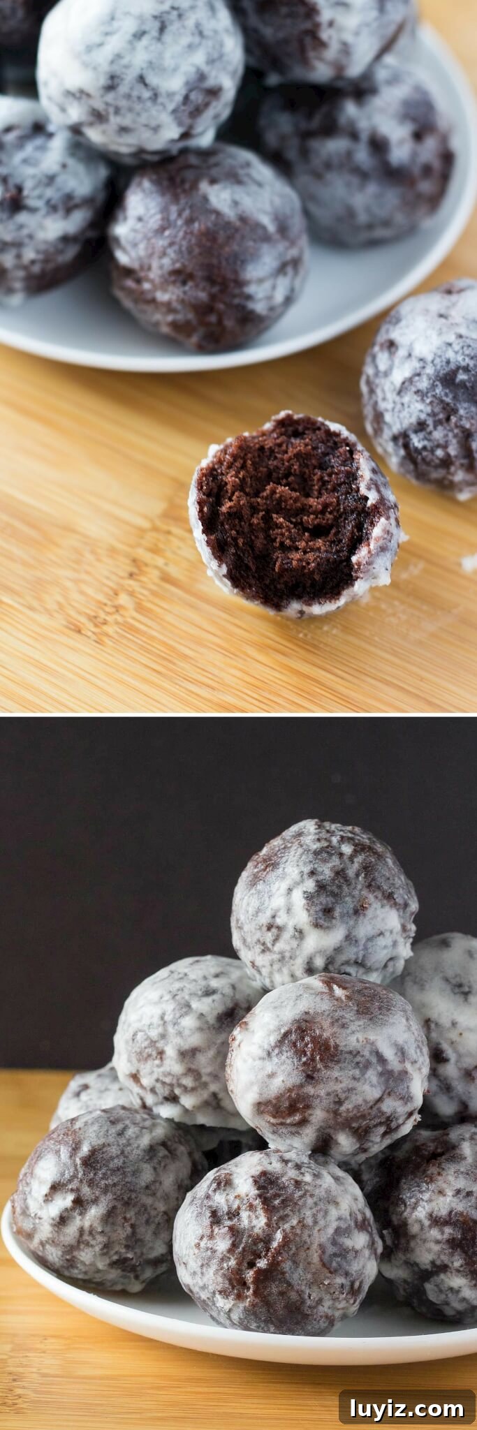 Chocolate Doughnut Holes: Bite-Sized Chocolate Donut Bites Recipe 3 Perfectly fudgy Chocolate Doughnut Holes dipped in sweet vanilla glaze! Fluffy, oh so moist & so much better than the doughnut shop! www.justsotasty.com