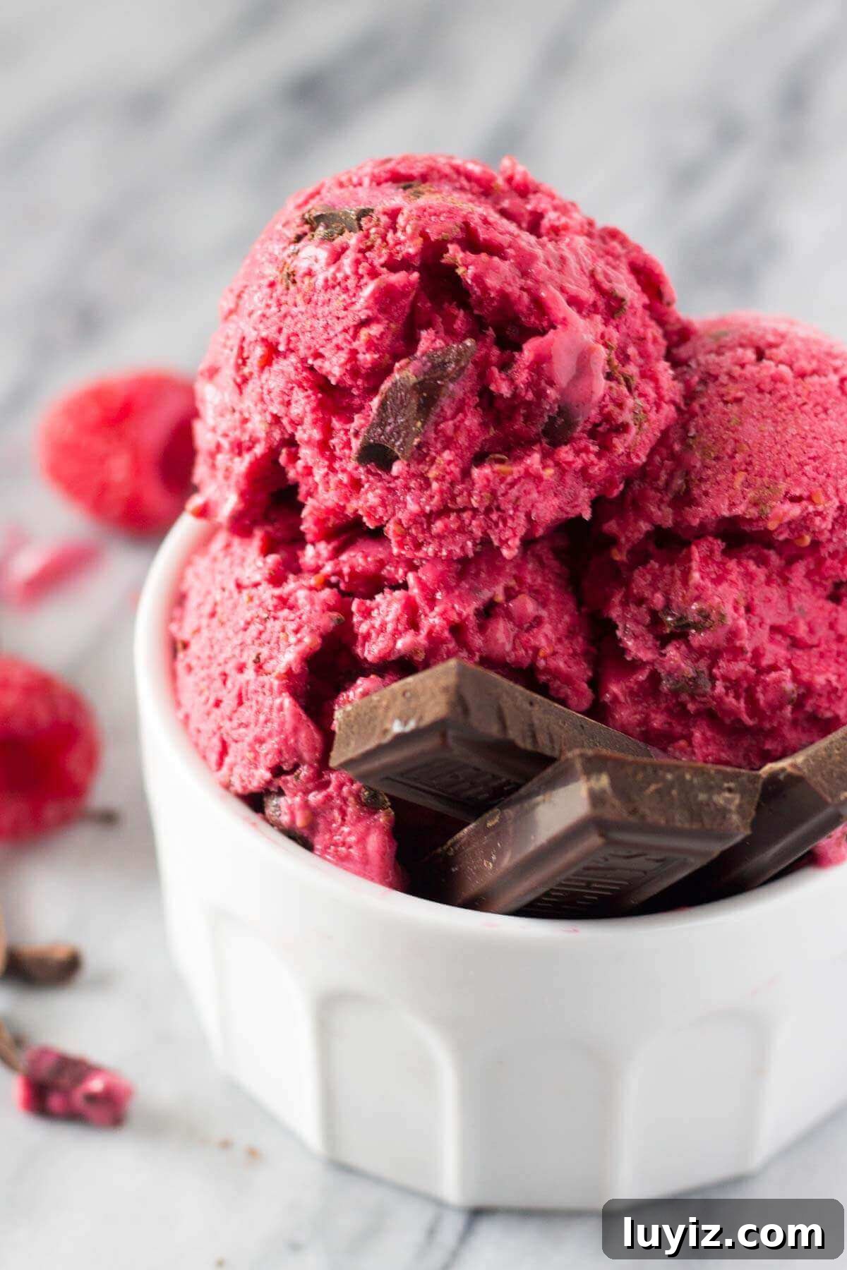 Dark Chocolate Raspberry Frozen Yogurt Recipe 2 Cold, creamy Dark Chocolate Raspberry Frozen Yogurt. With no refined sugars & made without an ice cream maker, this no-churn frozen yogurt is the perfect way to cool off!