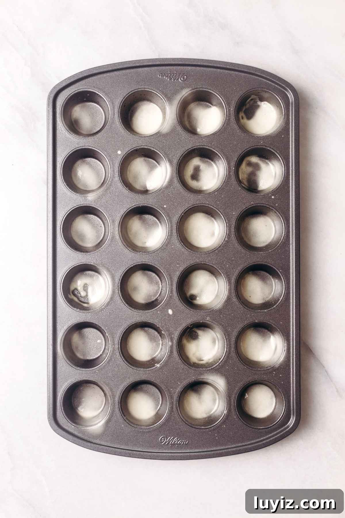Fudgy Brownie Bites Recipe — Moist Mini Chocolate Brownies 7 Non stick coated twenty four cavity mini muffin pan sprayed with baking spray on white textured background.