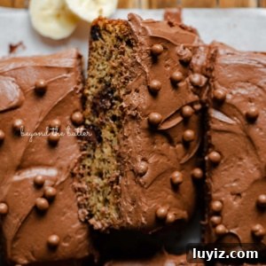 Banana Chocolate Chip Snack Cake Recipe for Quick Treats 11 Slices of banana chocolate chip snack cake with chocolate cream cheese frosting on parchment paper lined cooling rack with banana slices.