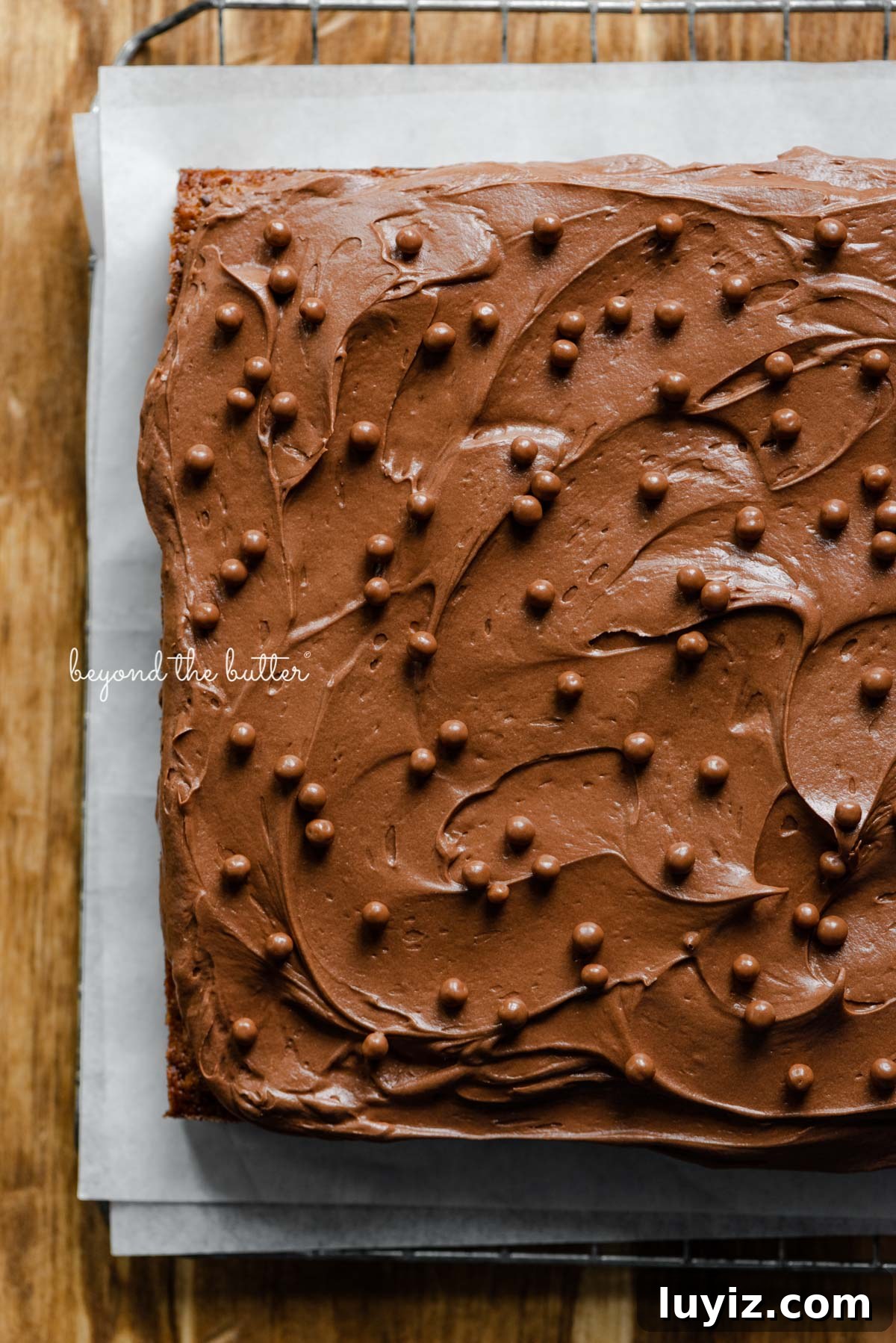 Banana Chocolate Chip Snack Cake Recipe for Quick Treats 3 Banana chocolate chip snack cake with chocolate cream cheese frosting on parchment paper and wire cooling rack