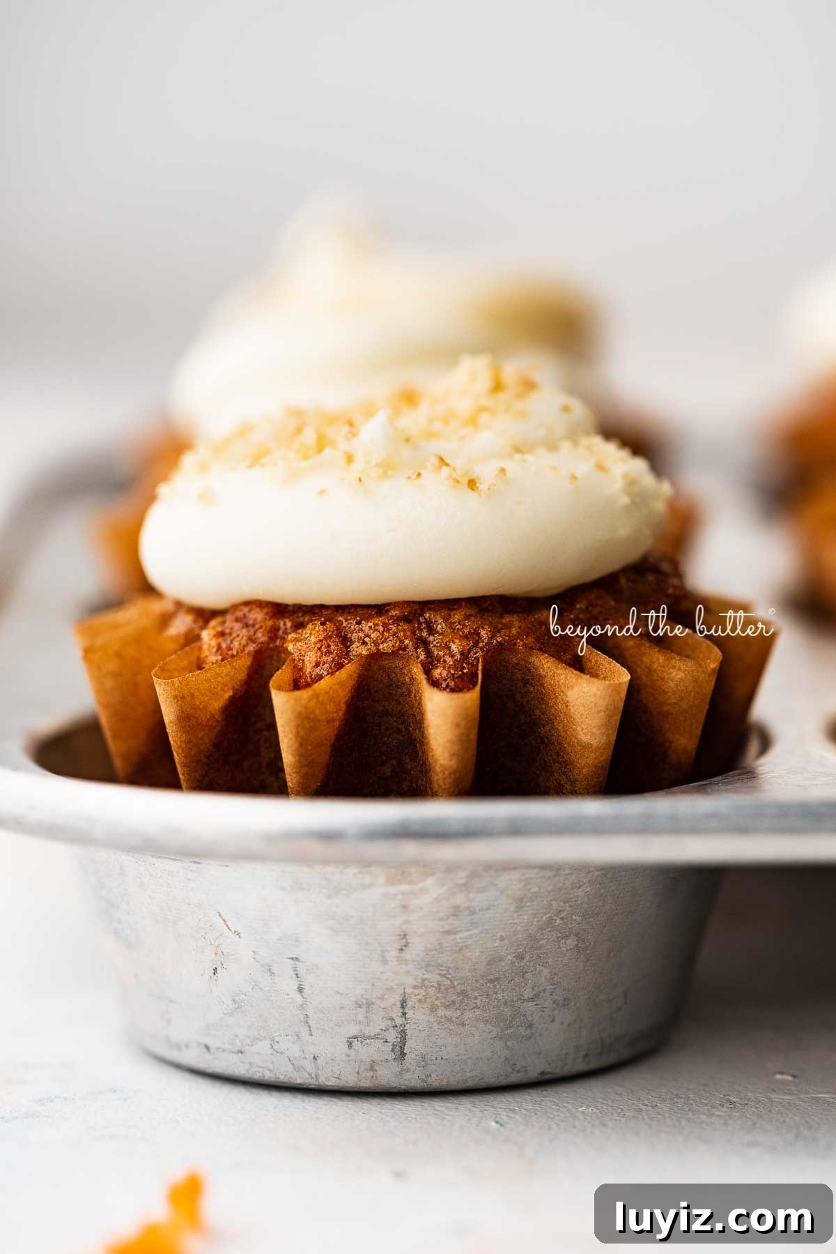 Ultra-Moist Carrot Cake Cupcakes with Cream Cheese Frosting 4 Closeup image of carrot cake cupcakes in a vintage cupcake tin | © Beyond the Butter®