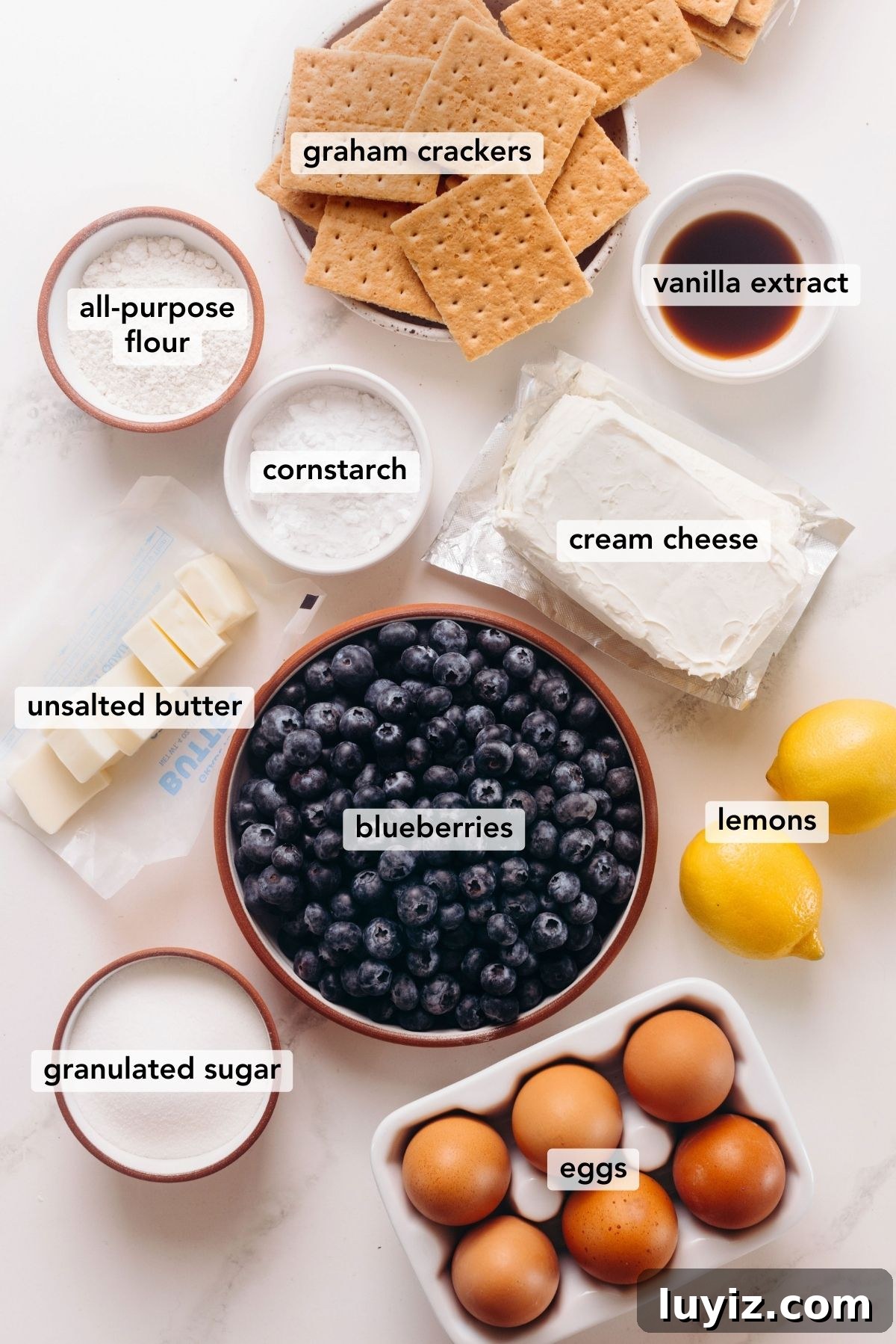 Blueberry Swirl Cheesecake Bars Recipe — Creamy Layered Dessert 4 Ingredients in various size bowls labeled as blueberries, cornstarch, lemon juice, vanilla extract, granulated sugar, graham crackers, unsalted butter, cream cheese, eggs, and all-purpose flour on a white marbled background.