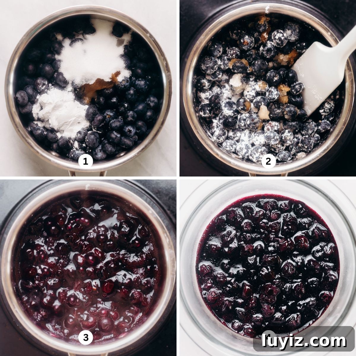 Blueberry Swirl Cheesecake Bars Recipe — Creamy Layered Dessert 5 Making homemade blueberry sauce in a medium-size stainless steel sauce pan over induction burner then cooling in a glass bowl on a white background.