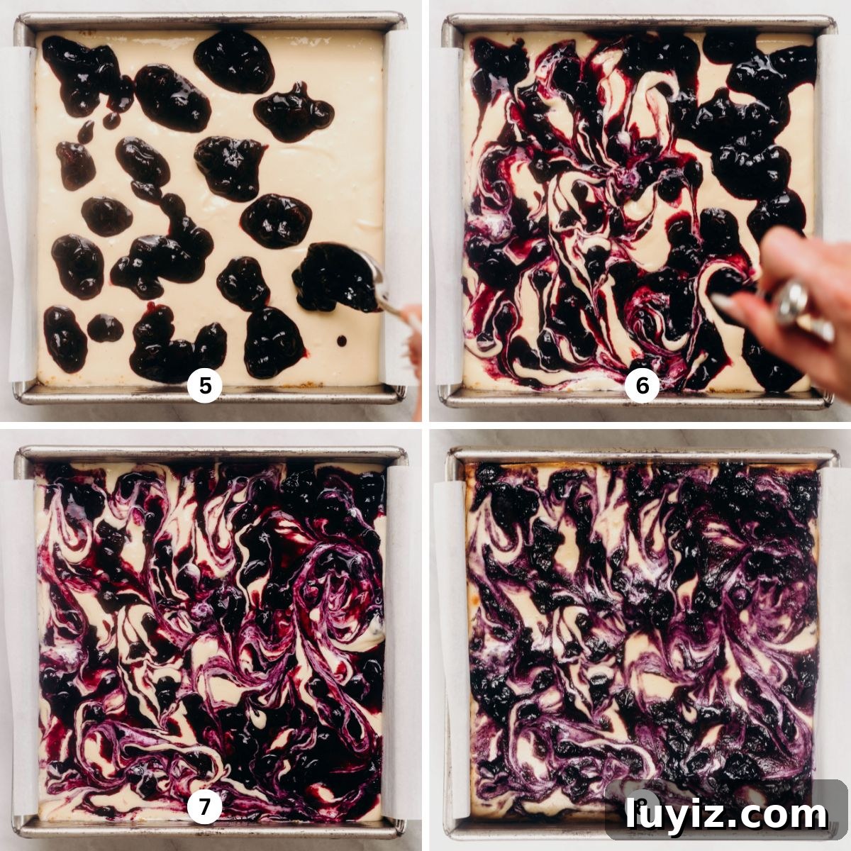 Blueberry Swirl Cheesecake Bars Recipe — Creamy Layered Dessert 8 Adding dollops of blueberry sauce to cheesecake filling in a square 8 inch baking pan then swirling the blueberry sauce with a knife to create a marble effect.