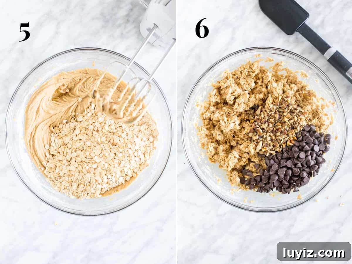 Chewy Oatmeal Chocolate Chip Cookies Recipe 4 Bowl of cookie dough with oats added and cookie dough with chocolate chips and walnuts