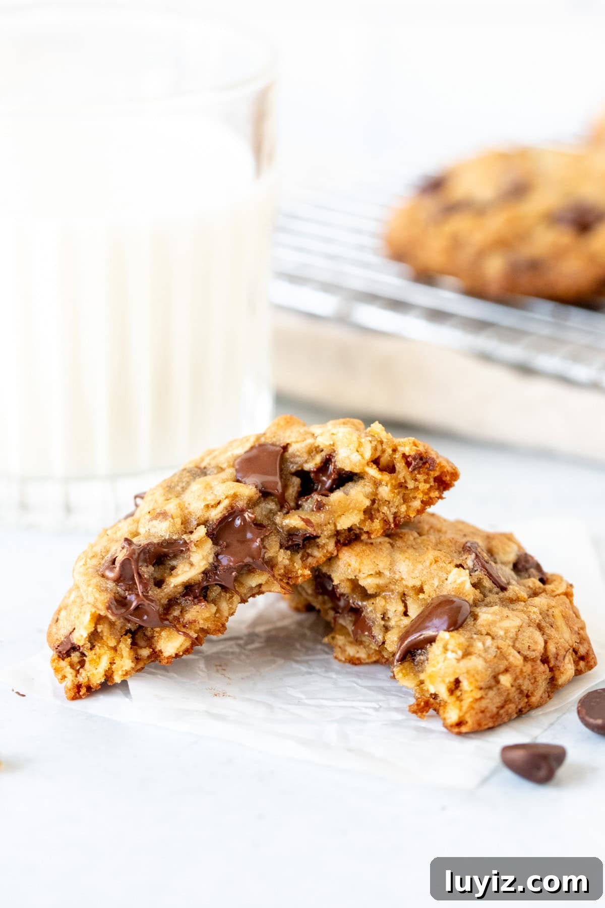 Chewy Oatmeal Chocolate Chip Cookies Recipe 5 Stack of four oatmeal chocolate chip cookies