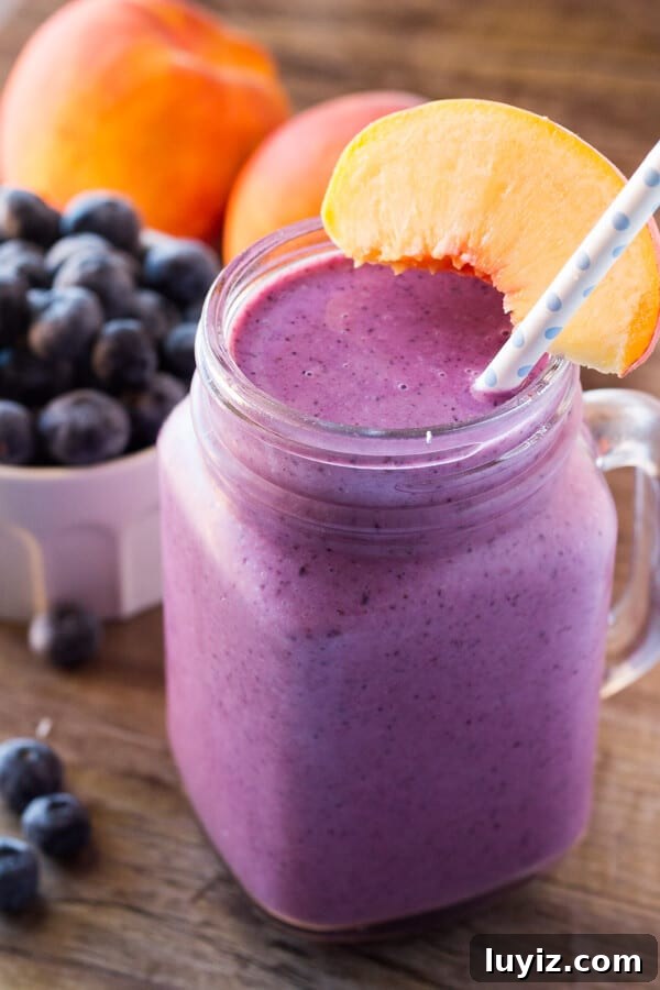 Refreshing Blueberry Peach Smoothie Recipe for Summer 2 Blueberry peach smoothie with almond milk - dairy free, naturally sweetened, 4 ingredients