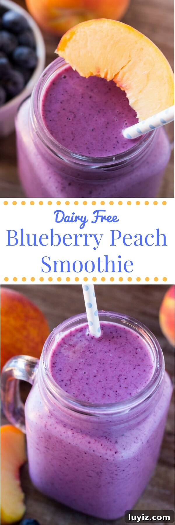 Refreshing Blueberry Peach Smoothie Recipe for Summer 4 Blueberry peach smoothie with almond milk - dairy free, naturally sweetened, 4 ingredients