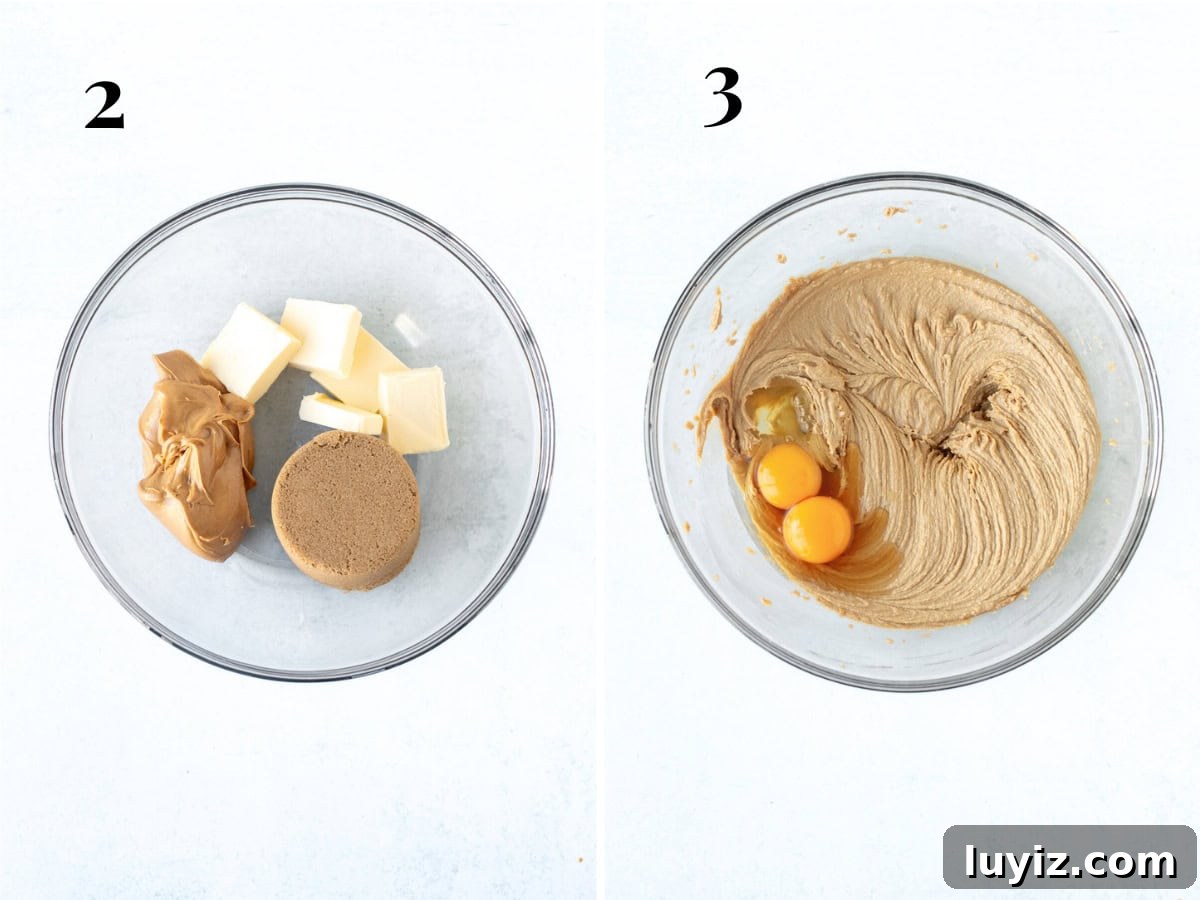 Chewy Peanut Butter Chocolate Chip Cookie Recipe 4 Bowl of butter, peanut butter and brown sugar and bowl of butter, peanut butter and brown sugar beaten together with eggs and vanilla added to the bowl.