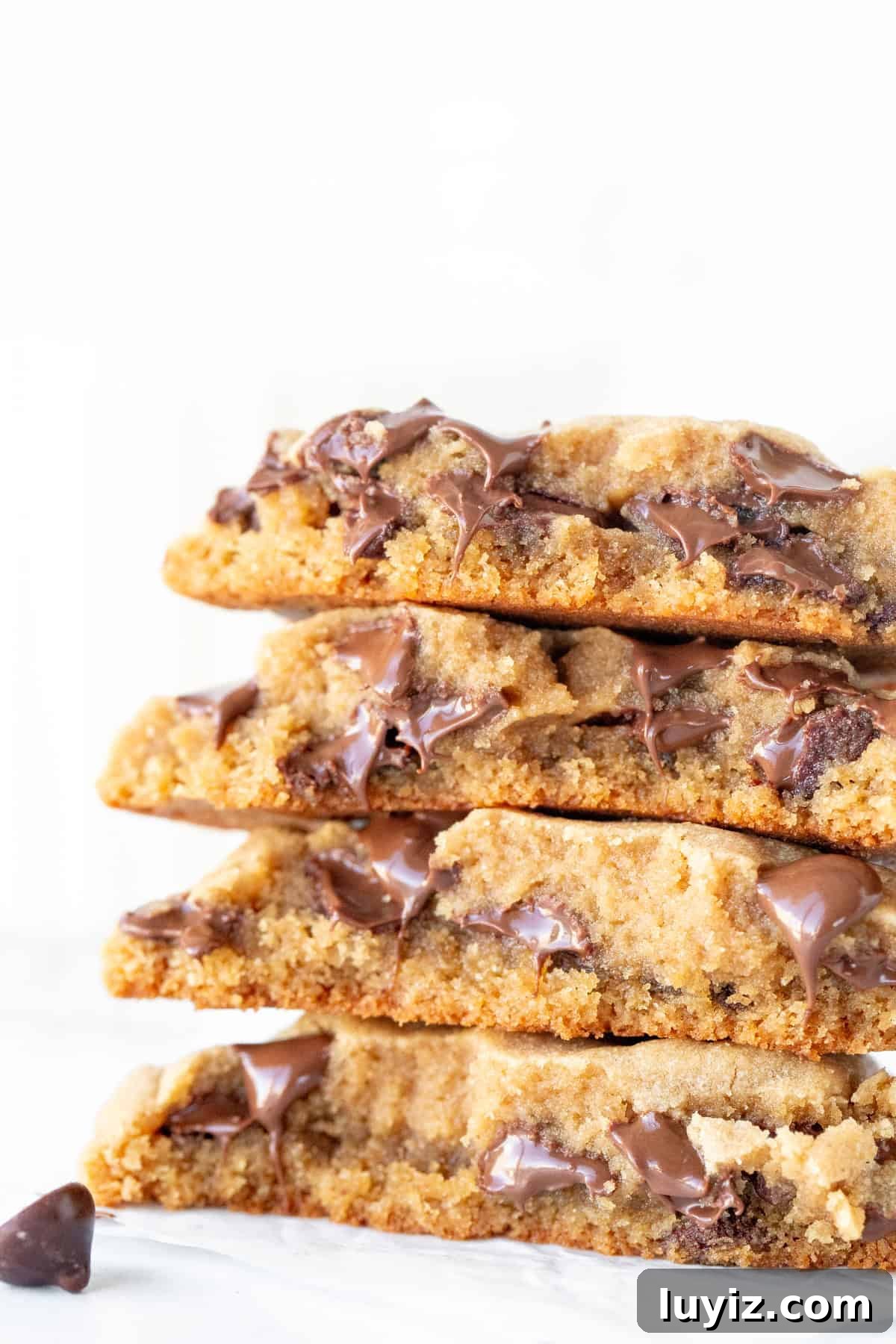 Chewy Peanut Butter Chocolate Chip Cookie Recipe 8 chocolate chip peanut butter cookies broken in half and stacked on top of each other