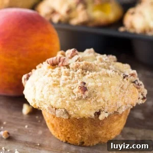 Peach Streusel Muffins: Soft Peach Muffins with Crunchy Topping 6 Fluffy, buttery, super soft Peach Muffins with Streusel Topping - The combo of fresh summer peaches and crunchy, cinnamon, pecan streusel makes these the perfect peach muffins!