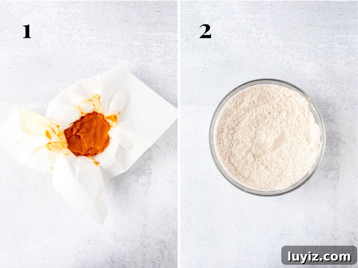 Chewy Pumpkin Spice Cookie Recipe for Fall Baking 6 Bowl of pumpkin blotted with paper towel and bowl of dry ingredients