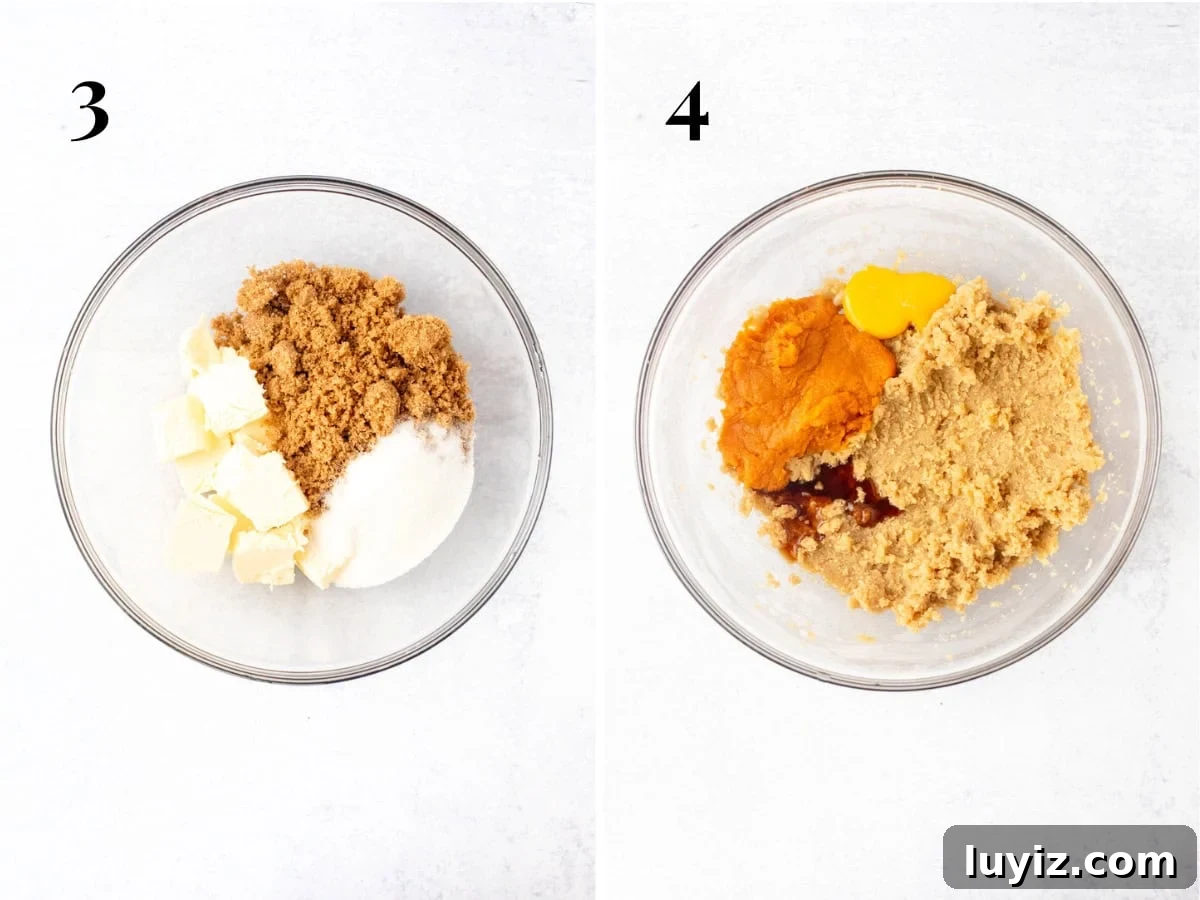Chewy Pumpkin Spice Cookie Recipe for Fall Baking 7 Bowl of butter and sugars and bowl of butter and sugars creamed together with pumpkin, egg yolk and vanilla added.