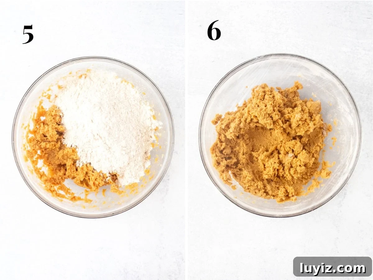 Chewy Pumpkin Spice Cookie Recipe for Fall Baking 8 Bowl of cookie dough with dry ingredients added, and bowl of pumpkin cookie dough covered with plastic
