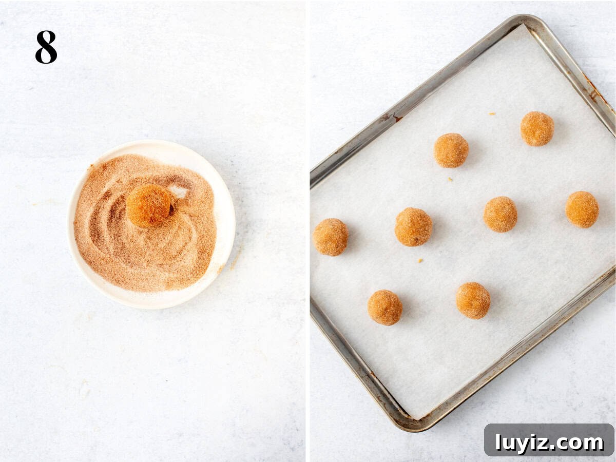 Chewy Pumpkin Spice Cookie Recipe for Fall Baking 9 Pumpkin spice cookie dough ball rolled in cinnamon sugar, and lined baking tray of pumpkin spice cookies