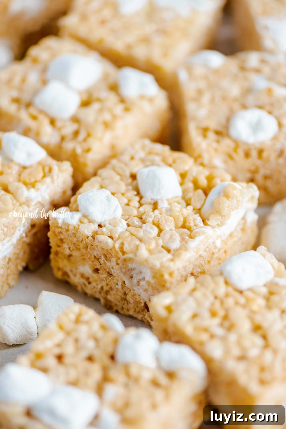Perfectly Chewy Rice Krispie Treats Recipe 2 Closeup angled image of the best rice krispie treats