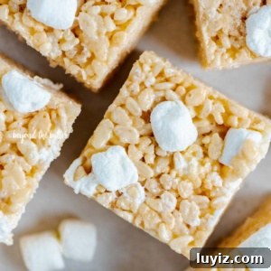 Perfectly Chewy Rice Krispie Treats Recipe 14 Overhead closeup image of the best rice krispie treats.