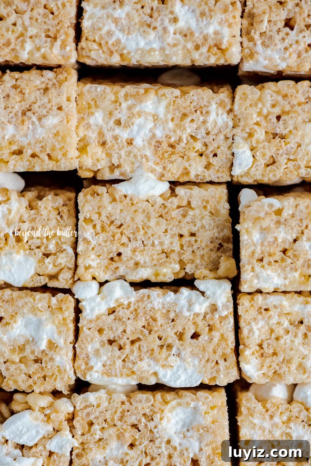 Perfectly Chewy Rice Krispie Treats Recipe 3 Overhead closeup image of the best rice krispie treats stacked and on their side