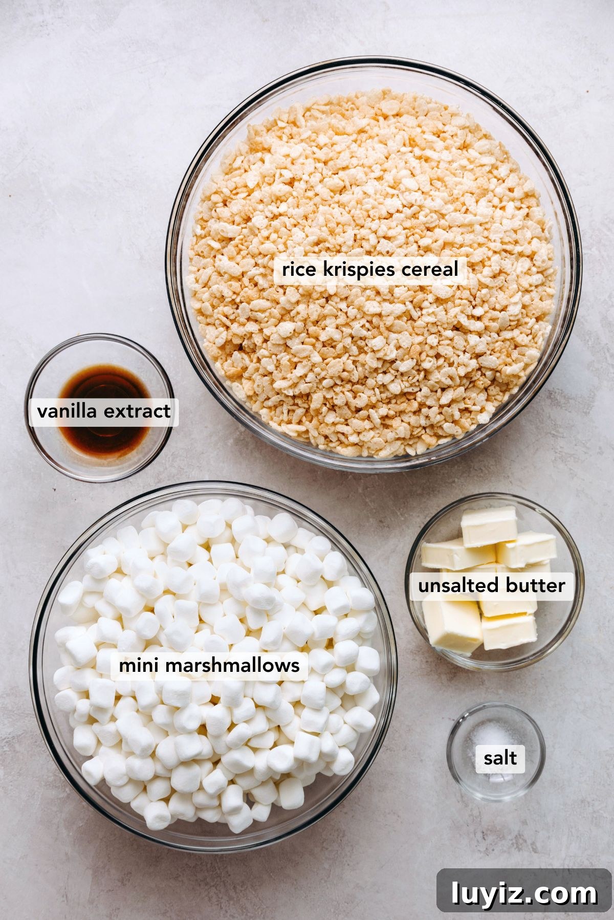 Perfectly Chewy Rice Krispie Treats Recipe 4 Ingredients: rice krispies cereal, vanilla extract, mini marshmallows, unsalted butter, and salt