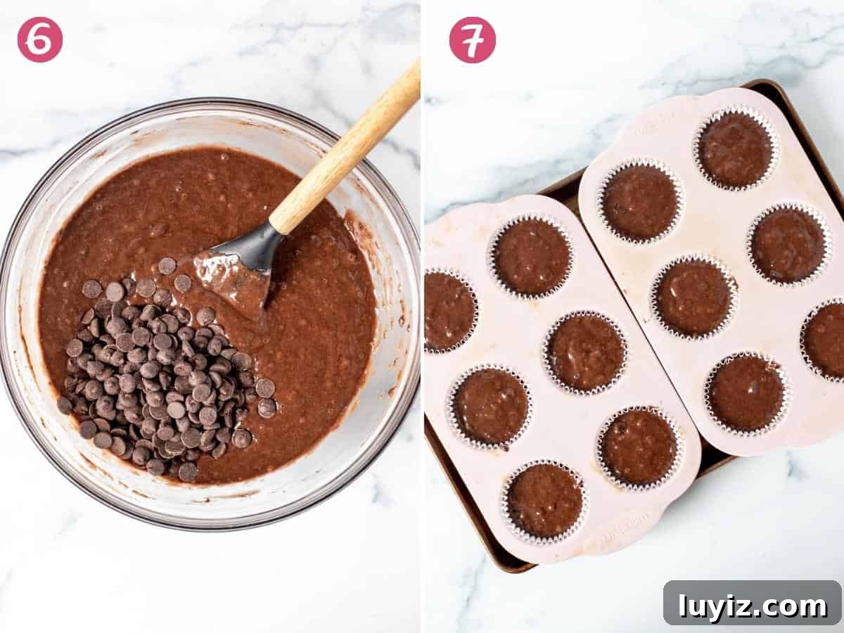 Double Chocolate Banana Muffins with Rich Cocoa Swirl 5 Bowl of muffin batter and filled muffin tin