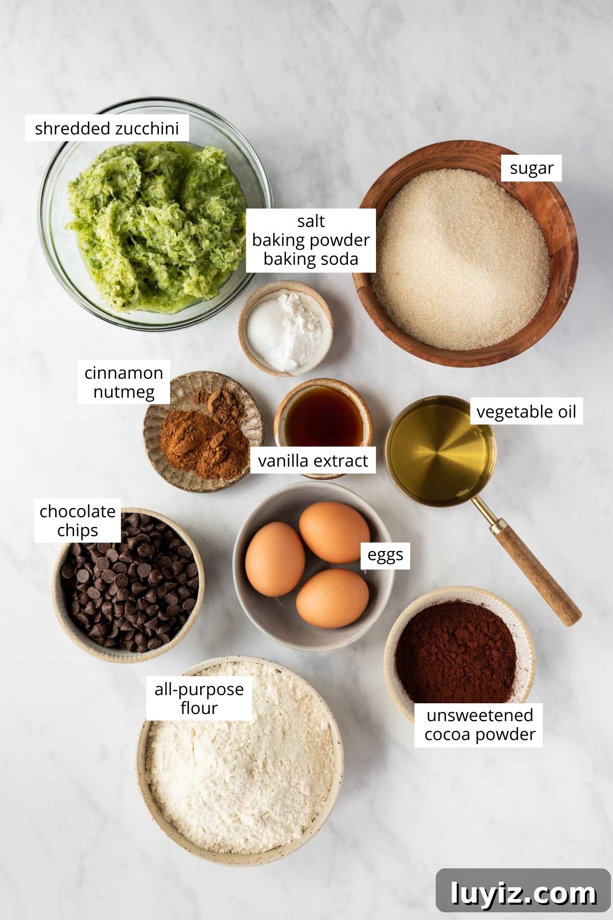 One-Bowl Chocolate Zucchini Quick Bread Recipe 5 Ingredients needed to make one bowl chocolate zucchini bread from BeyondtheButter.com | © Beyond the Butter®
