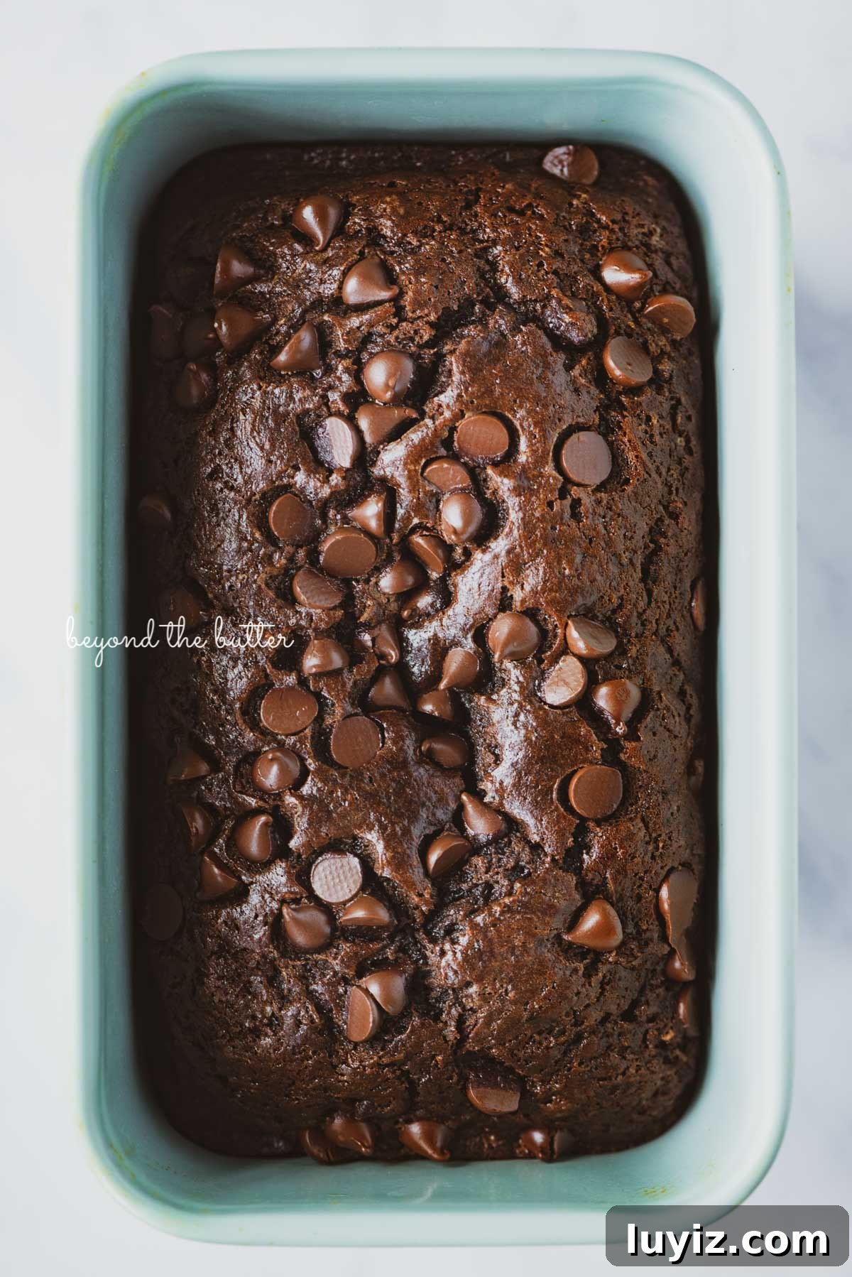 One-Bowl Chocolate Zucchini Quick Bread Recipe 7 Freshly baked one bowl chocolate zucchini bread in a blue loaf tin | © Beyond the Butter®