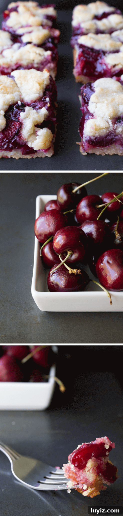 Cherry Almond Bars Recipe with Homemade Cherry Filling 4 in between a pie bar & a crumb bar, this recipe for cherry almond bars have a delicious buttery almond base and are bursting with fresh cherries.