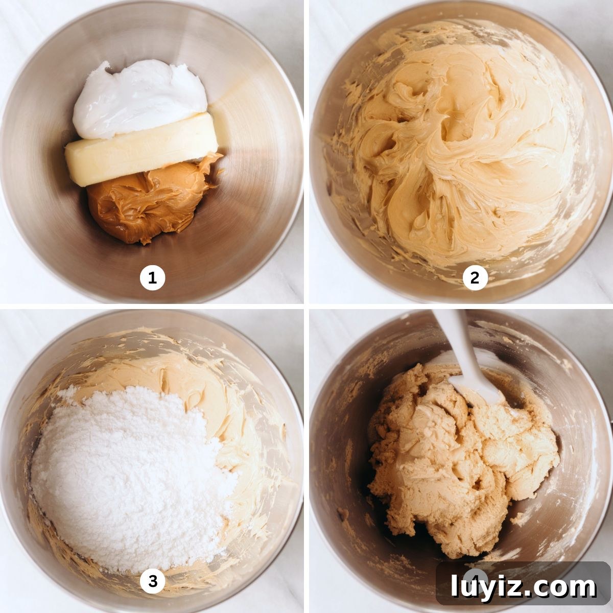 Peanut Butter Eggs Dipped in Chocolate: Homemade Candy Recipe 5 Mixing butter, peanut butter, and marshmallow fluff together in a stainless steel bowl then adding in powdered sugar on a white marble background.