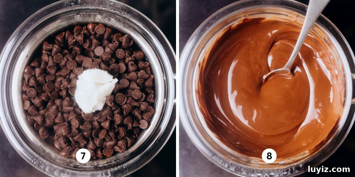 Peanut Butter Eggs Dipped in Chocolate: Homemade Candy Recipe 7 Melting chocolate chips and vegetable shortening in a glass bowl placed over a saucepan and burner.