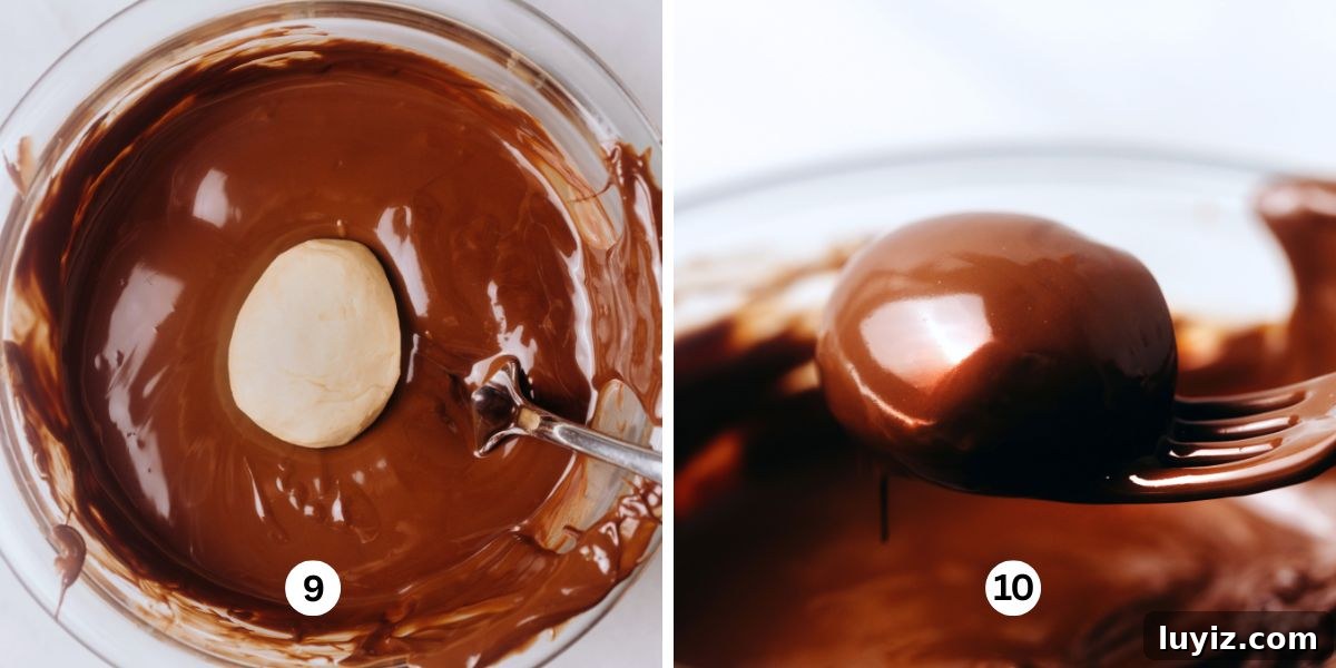 Peanut Butter Eggs Dipped in Chocolate: Homemade Candy Recipe 8 Dipping peanut butter eggs using forks into melted chocolate in a glass bowl.