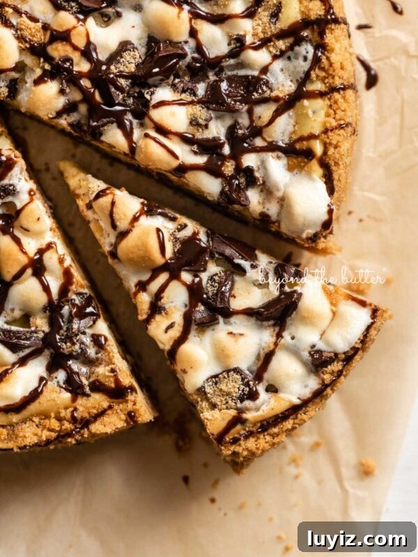 Decadent Chocolate Brownie Cheesecake Recipe with Fudgy Swirls 10 S'mores cheesecake drizzled with chocolate placed on natural parchment paper with a slice of cheesecake partially removed.