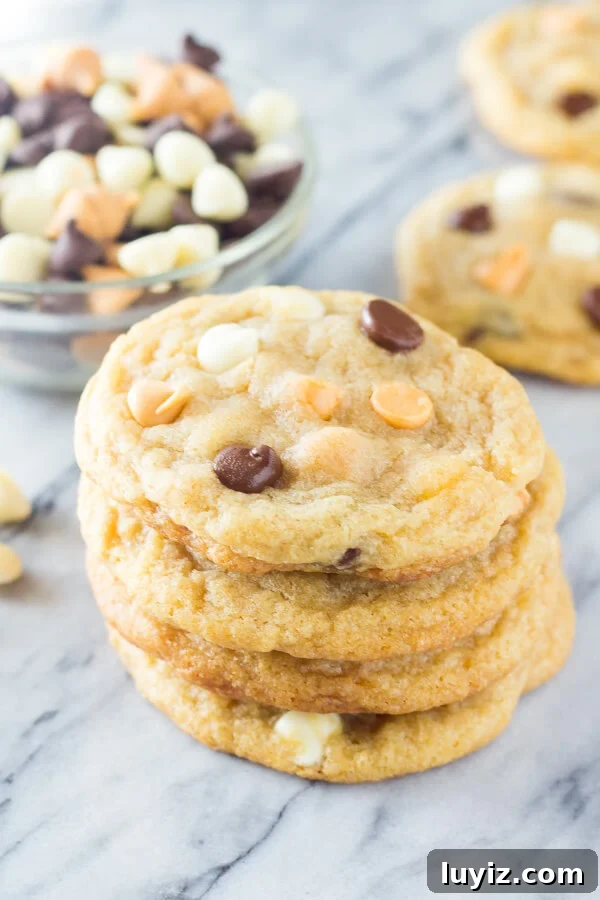 Thin, Chewy Chocolate Chip Cookies Recipe for Perfect Texture 4 These Thin Chewy Chocolate Chip Cookies are soft, perfectly stackable, have a delicious caramel undertone, and have perfectly golden edges. If you like your cookies thin - this recipe is for you!